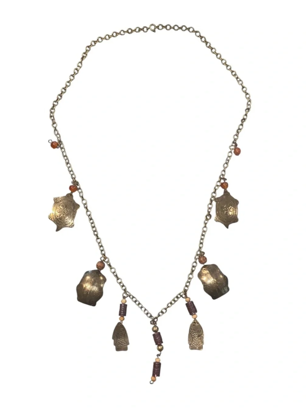 Vintage Boho Brass Pendant Necklace Coral wood Beads cottagecore festival - Picture 8 of 12